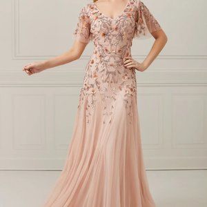 Christina Wu Hand-Beaded A-Line Ruffle-Sleeve Dress Sz 18